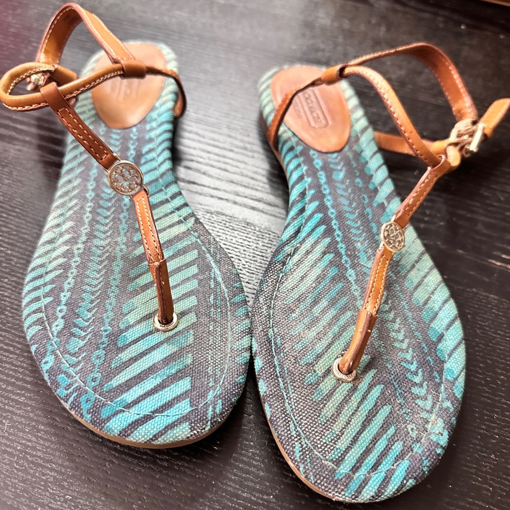 Coach Brown Leather Strap Sandals with Teal & Black Patterned Footbed